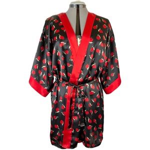 Vintage 1980s 90s Satin Roses Robe Red Black M medium 8 10 Bath Lingerie Belted